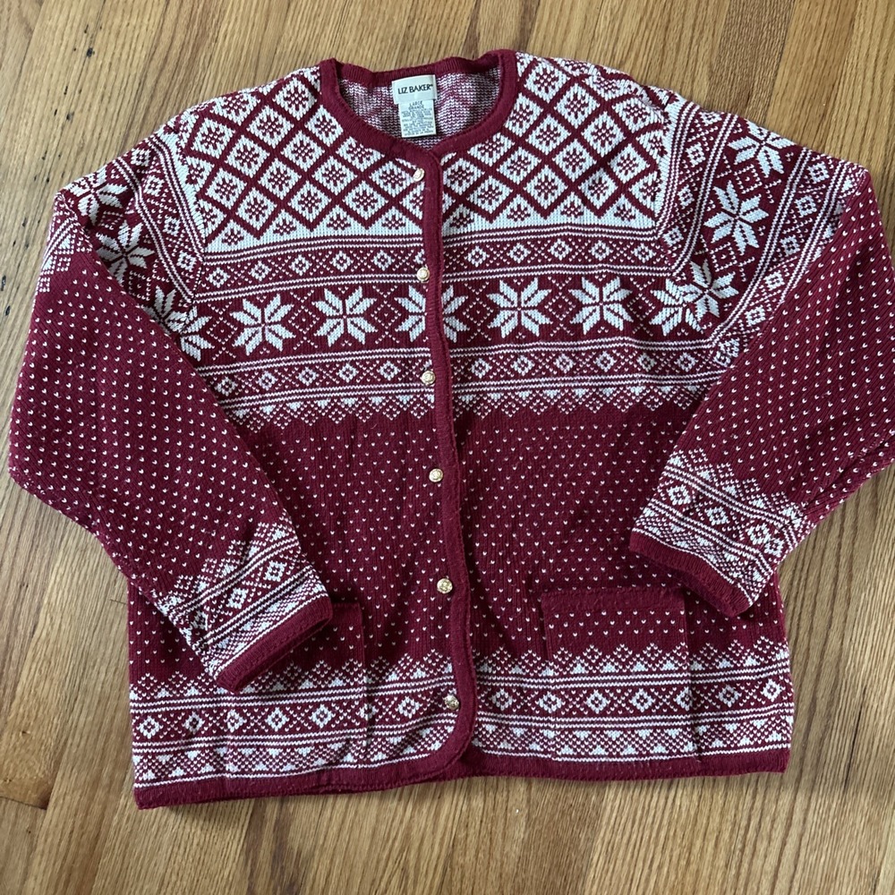 Vintage Liz Baker Fair Isle Snowflake Cardigan Sweater Women's Large Christmas